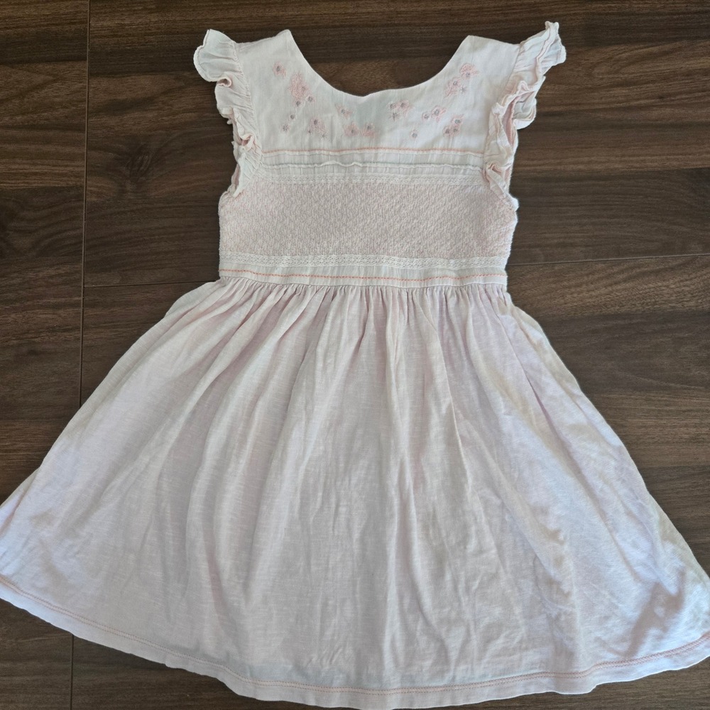 Next Girls Pink Smocked Floral Embroidered Cotton Dress Ruffle Sleeve 5-6 Years